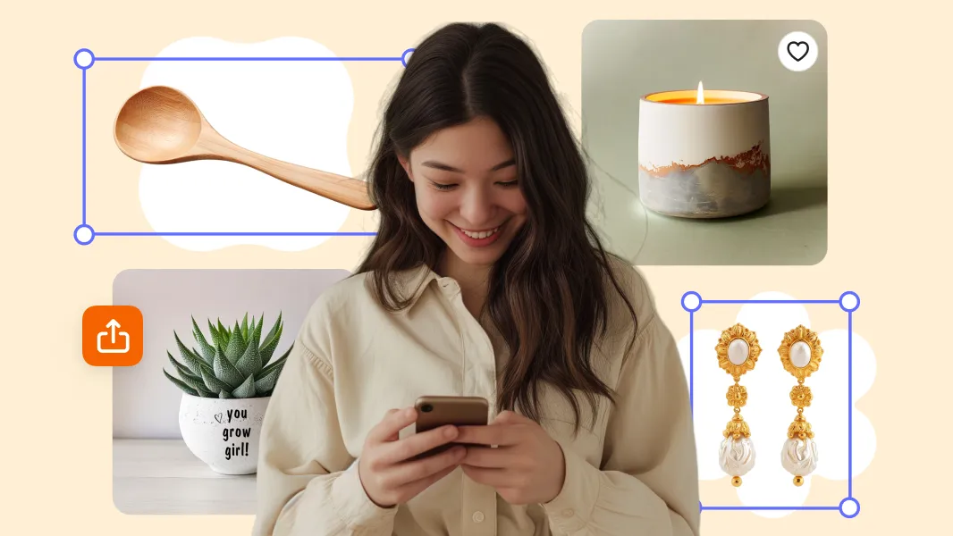 A woman listing e-commerce products on Etsy using her smartphone, featuring generated product photos created with PicForge