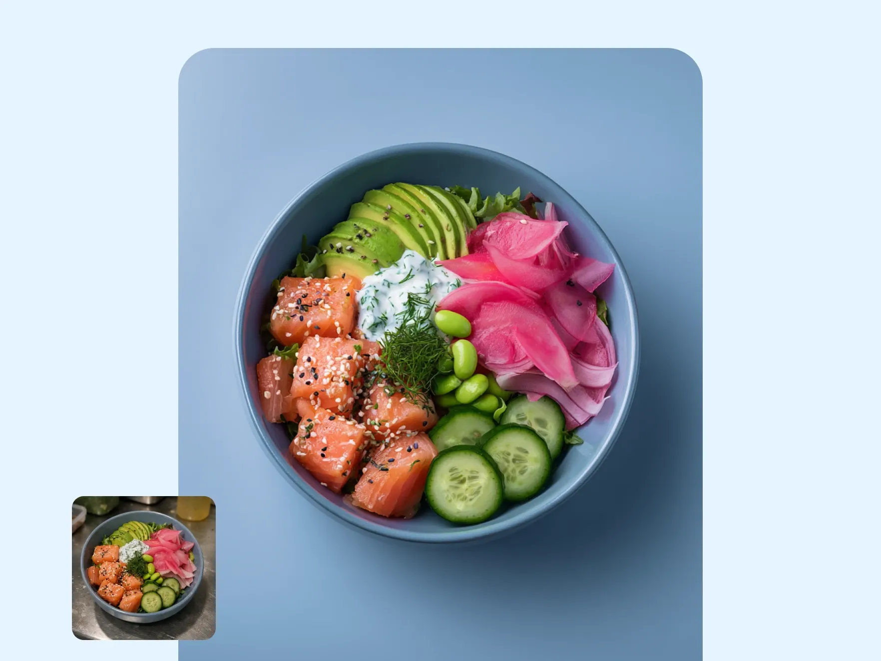 Before and after comparison of a salmon poké bowl photo enhanced by PicForge AI