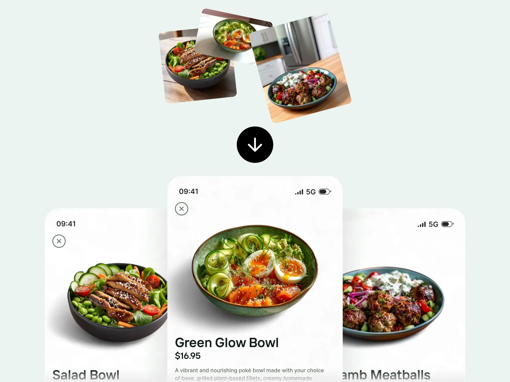 Mobile app screen demonstrating PicForge AI optimization for restaurant delivery photos like the Green Glow Bowl