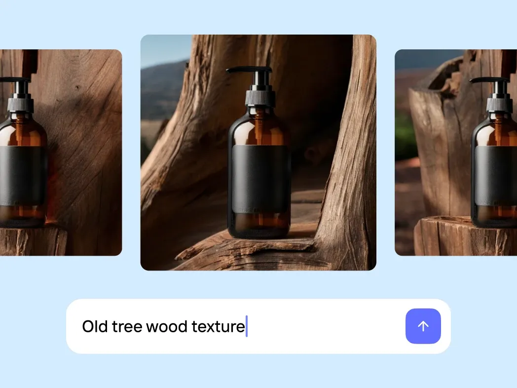Amber glass cosmetic bottle surrounded by natural wood textures generated using a prompt in PicForge