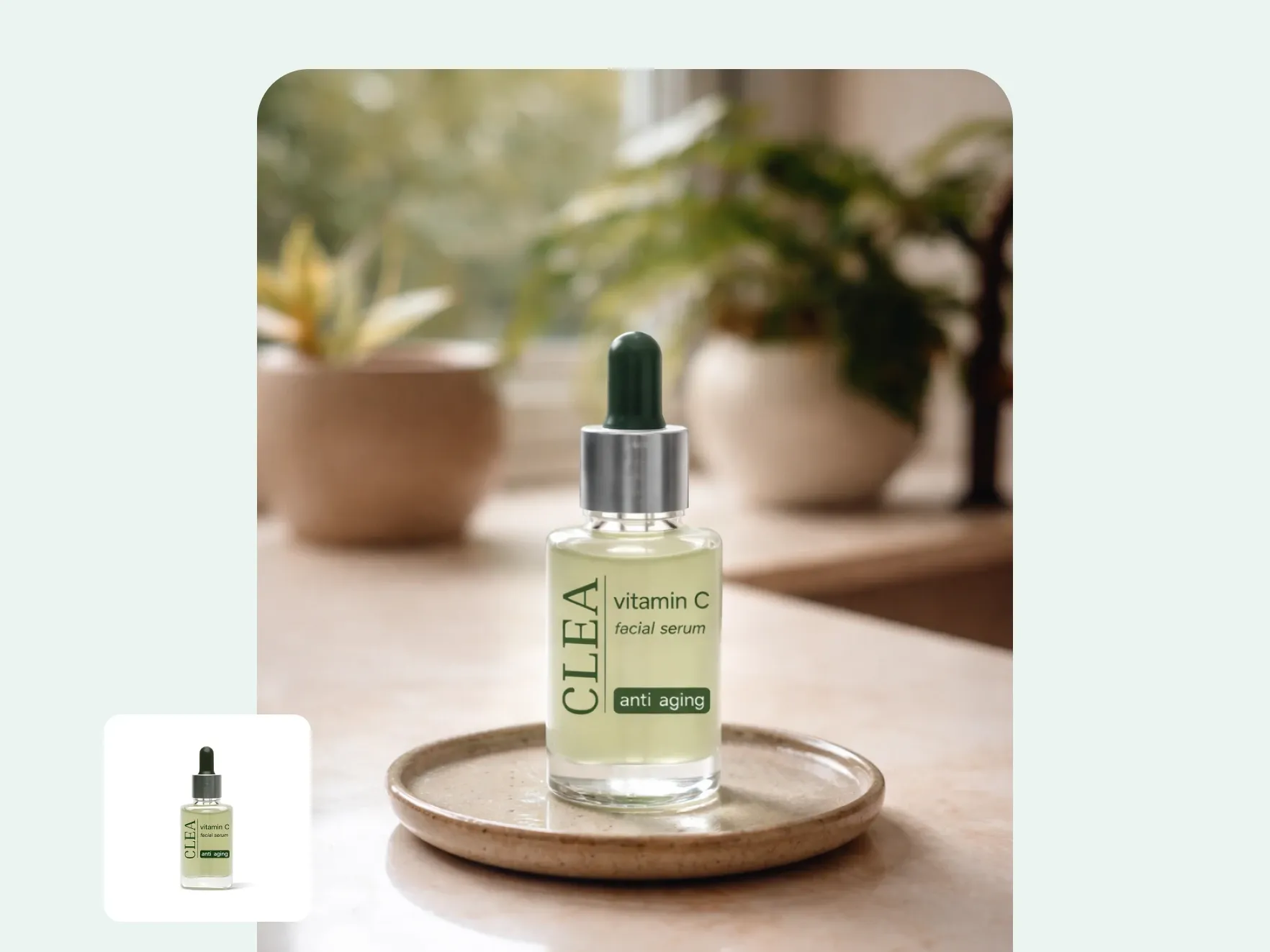 CLEA anti-aging vitamin C facial serum bottle on a ceramic tray with natural background