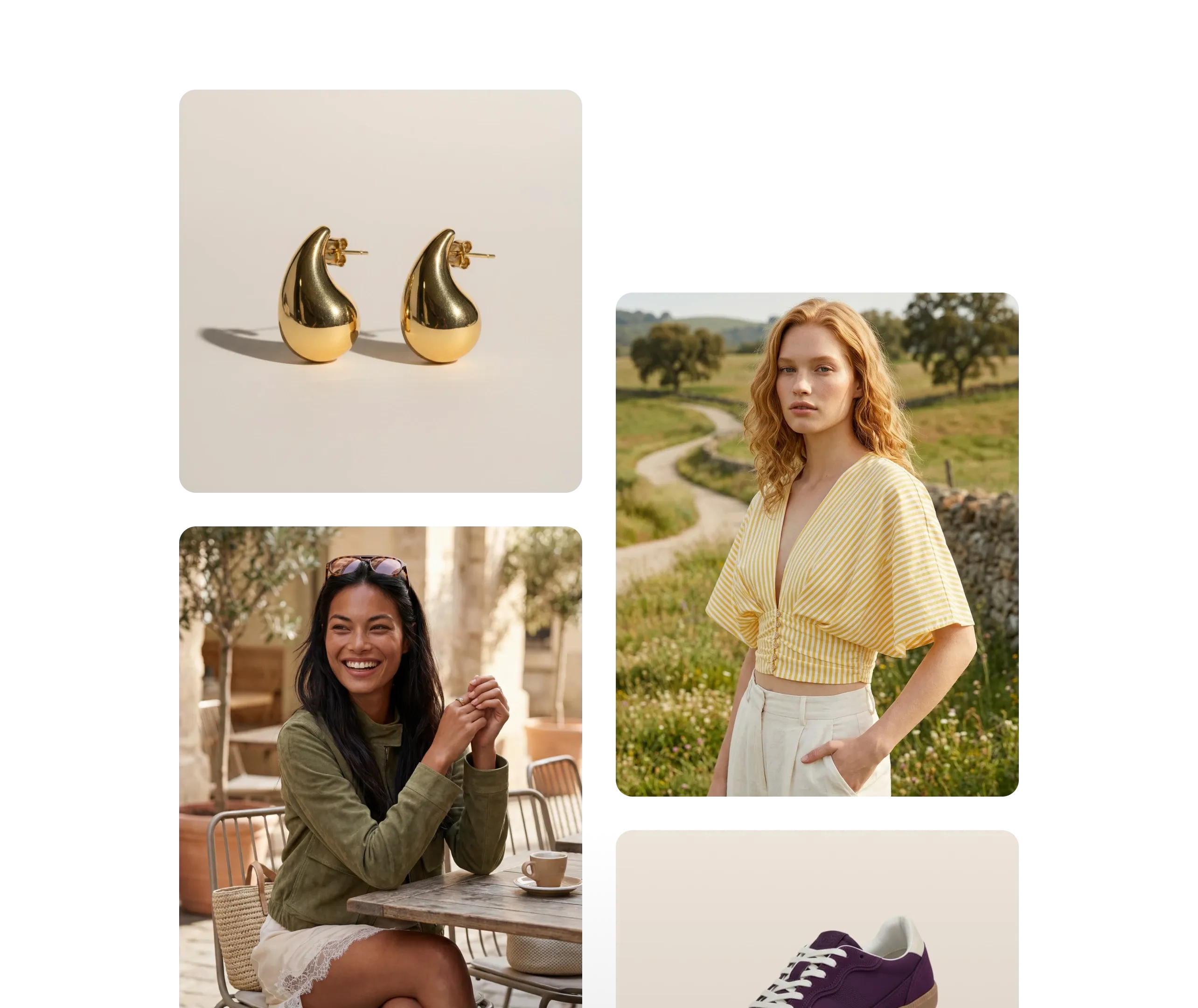 E-commerce product collage featuring gold teardrop earrings, summer fashion outfits, and purple sneakers