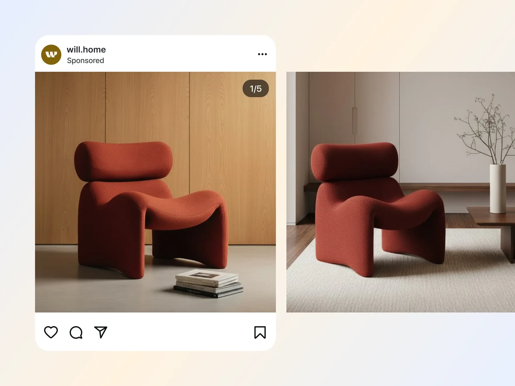 Modern terracotta red lounge armchair displayed in a stylish living room setting