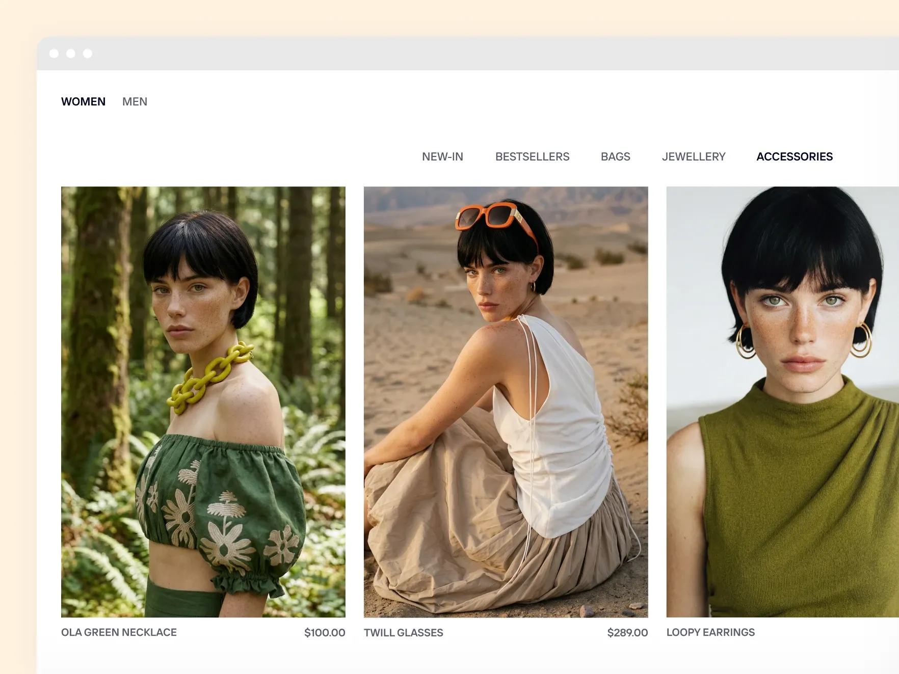 Model fashion catalog featuring green necklace, twill sunglasses, and loopy earrings