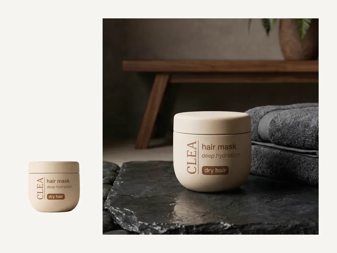 PicForge generated high-quality product staging for CLEA hair mask on natural stone, compared to the original cut-out image