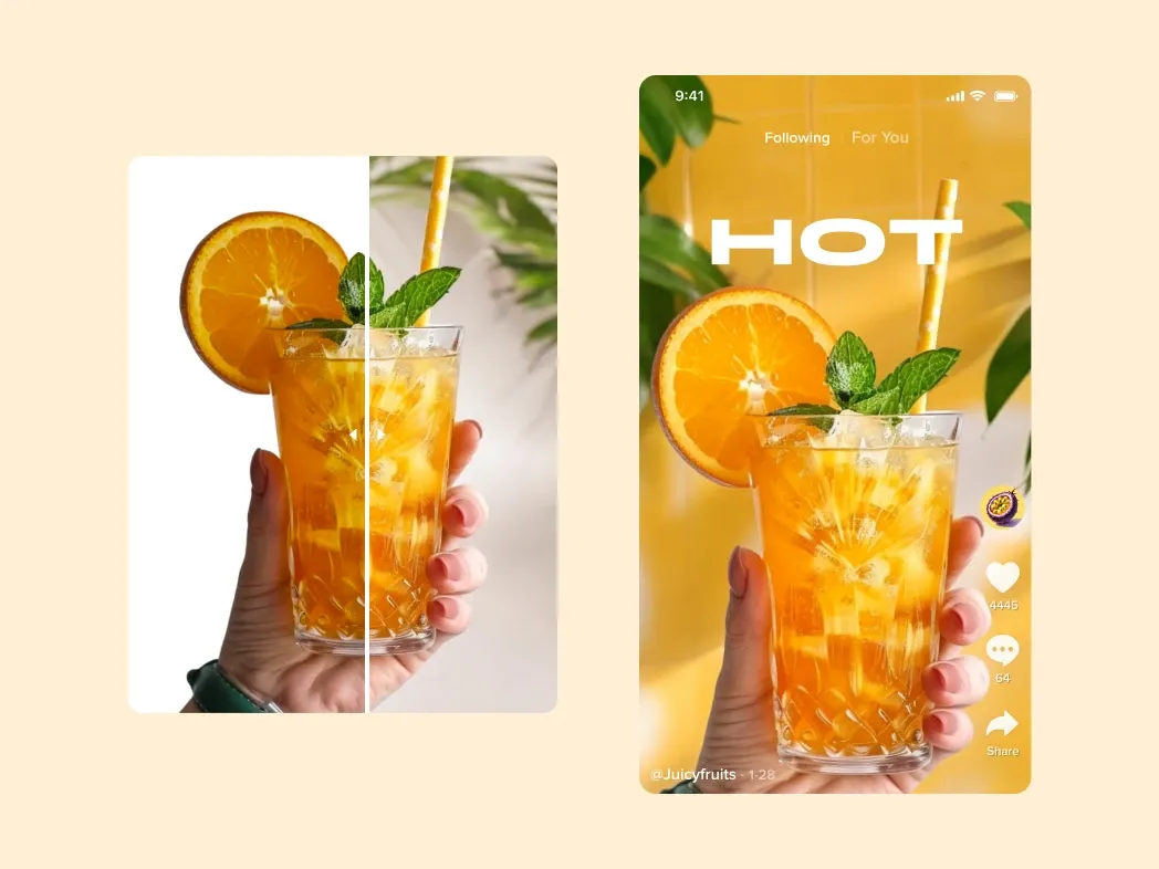 Before and after background removal for an orange cocktail photo edited into a TikTok story using PicForge