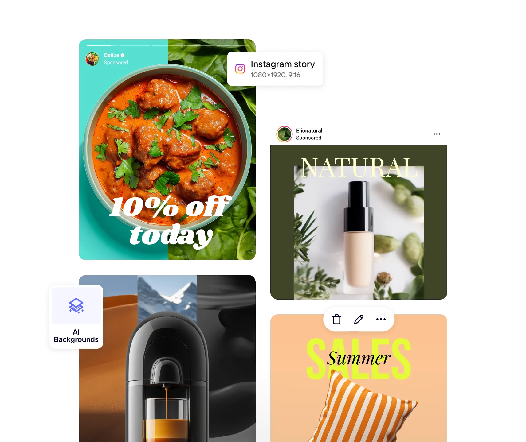 Social media marketing ad creatives for Instagram generated with AI Backgrounds using PicForge